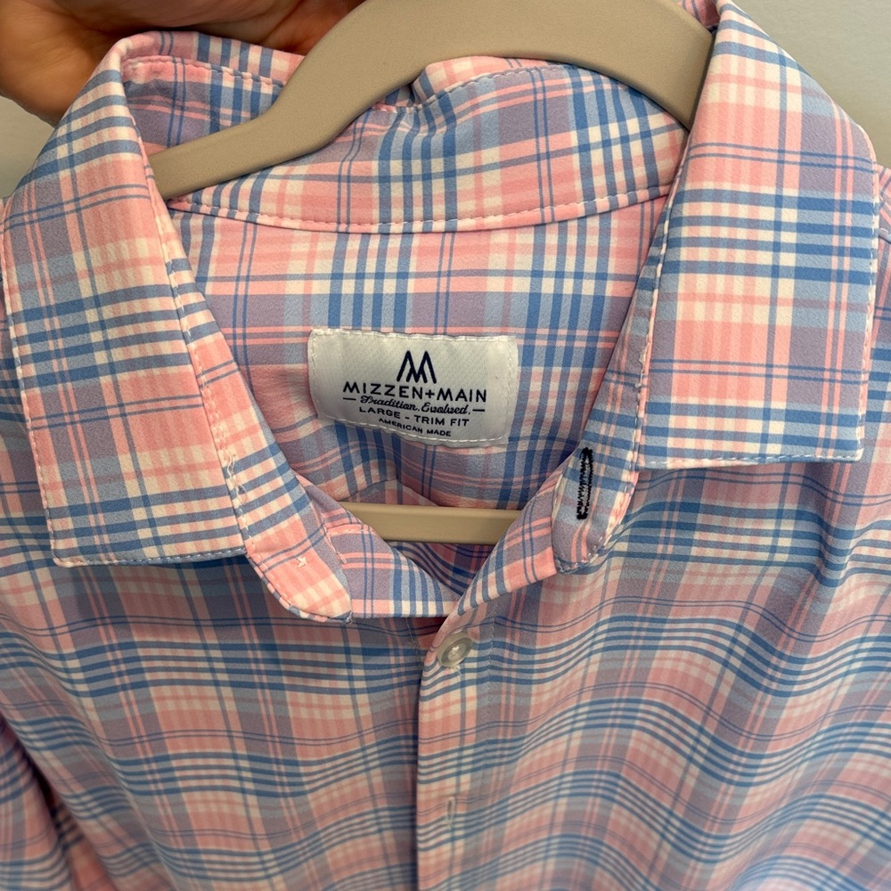 Mizzen+Main Pink and Blue Plaid Men's Shirt large trim fit
